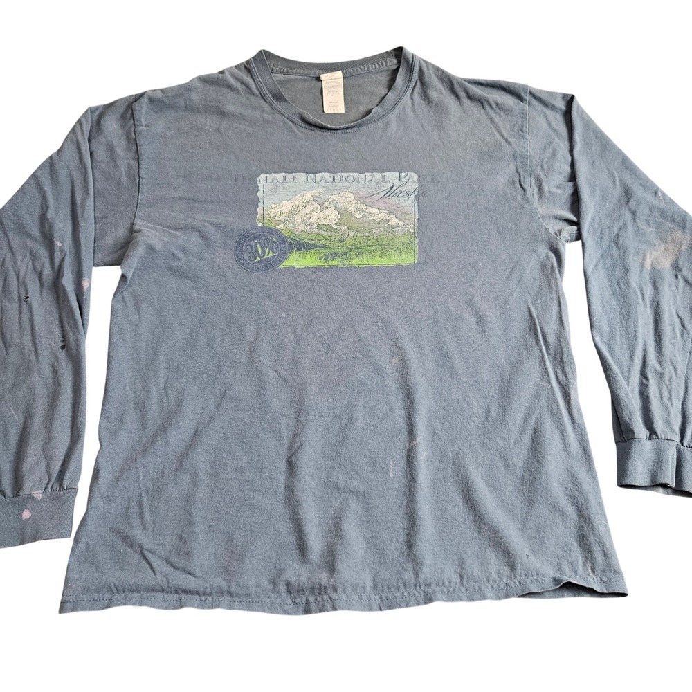 Denali National Park Alaska Tshirt Large Blue‎ Long Sleeve Outdoor Nature Grunge